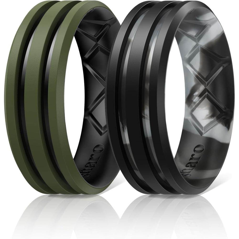 imageEgnaro Silicone Ring for Him with 2 Layers Multicolor Rubber Wedding Bands with Air Flow Grooves1467 Variety MultipackSETB1 BlackBlack Gray Camo  Olive GreenBlack