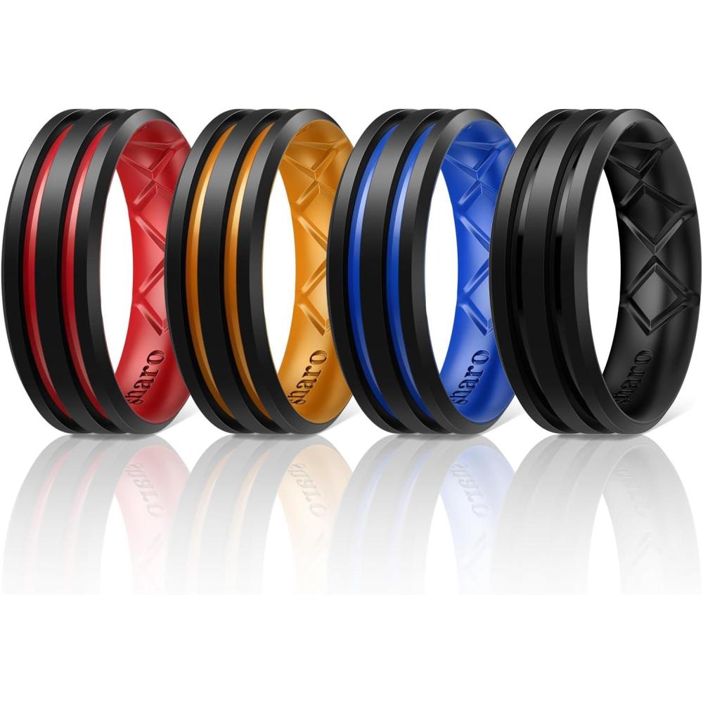 imageEgnaro Silicone Ring for Him with 2 Layers Multicolor Rubber Wedding Bands with Air Flow Grooves1467 Variety MultipackSETB1 BlackRed  BlackOrange  BlackLight Blue  Black