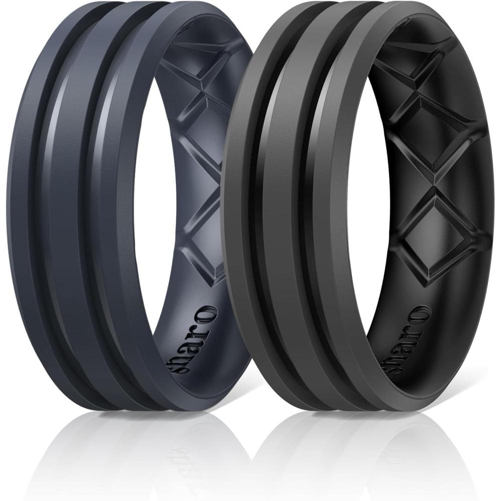imageEgnaro Silicone Ring for Him with 2 Layers Multicolor Rubber Wedding Bands with Air Flow Grooves1467 Variety MultipackSETB3 Blue Gray  Black GrayBlack