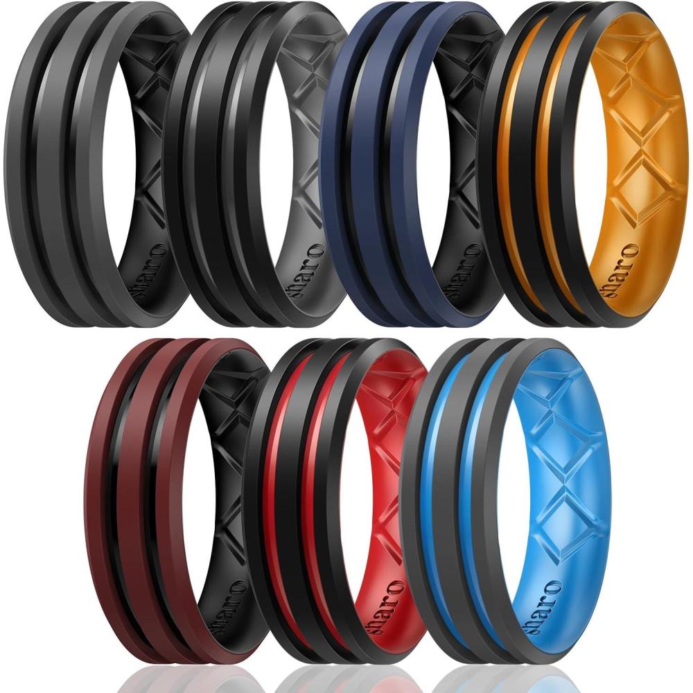 imageEgnaro Silicone Ring for Him with 2 Layers Multicolor Rubber Wedding Bands with Air Flow Grooves1467 Variety MultipackSETC2 Black GrayBlack  BlackGrey  Dark BlueBlack  BlackOrange  Dark RedBlack  BlackRed  GreySky Blue