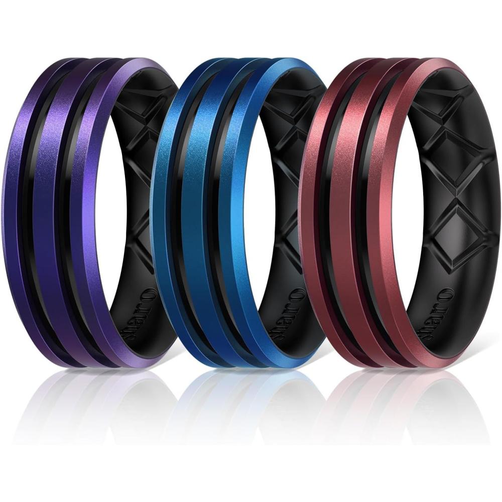 imageEgnaro Silicone Ring for Him with 2 Layers Multicolor Rubber Wedding Bands with Air Flow Grooves1467 Variety MultipackSETC2 Metallic BurgundyBlack  Metallic PurpleBlack  Metallic Royal BlueBlack