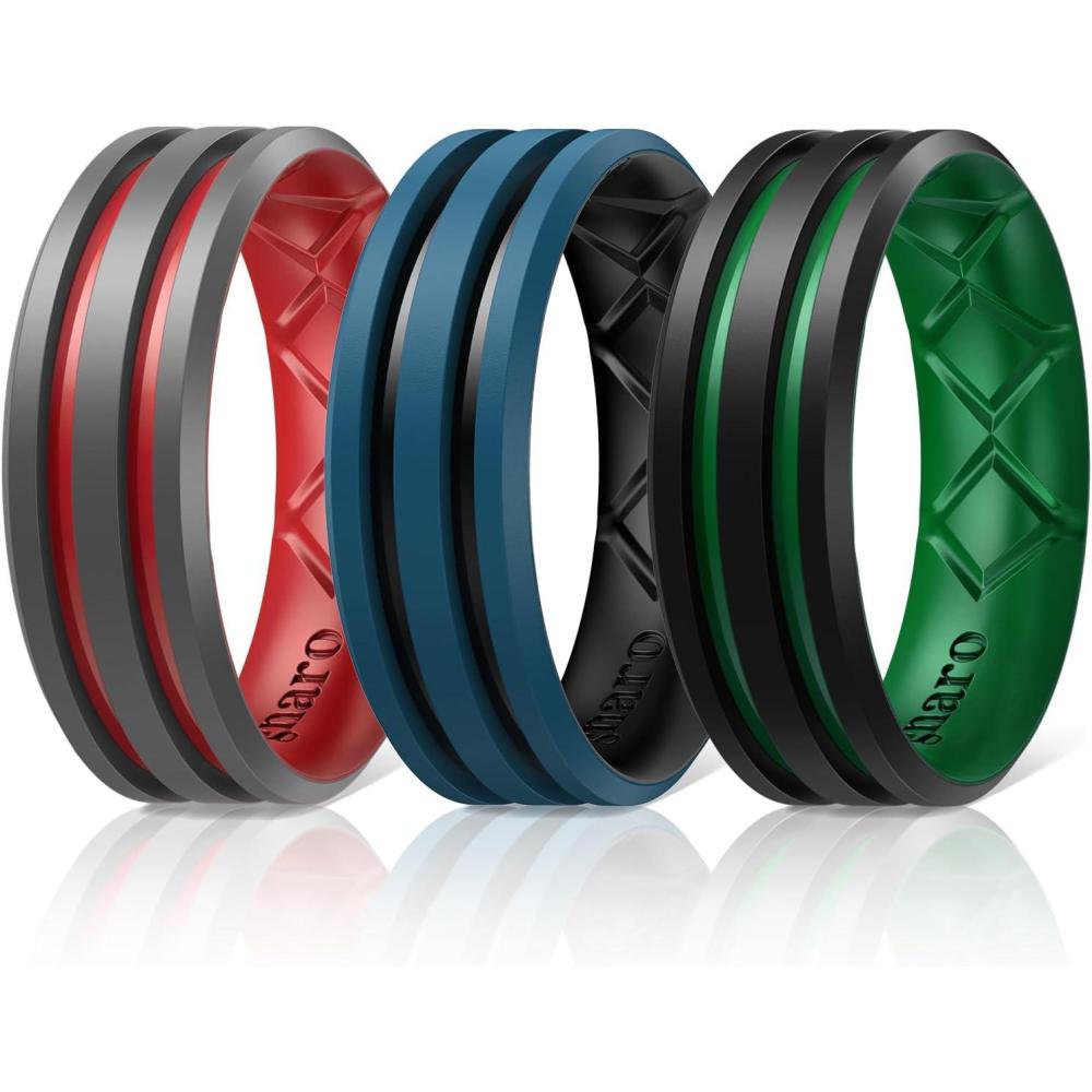 imageEgnaro Silicone Ring for Him with 2 Layers Multicolor Rubber Wedding Bands with Air Flow Grooves1467 Variety MultipackSETC3 Dark GrayRed  Blue IrisBlack  BlackEmerald Green