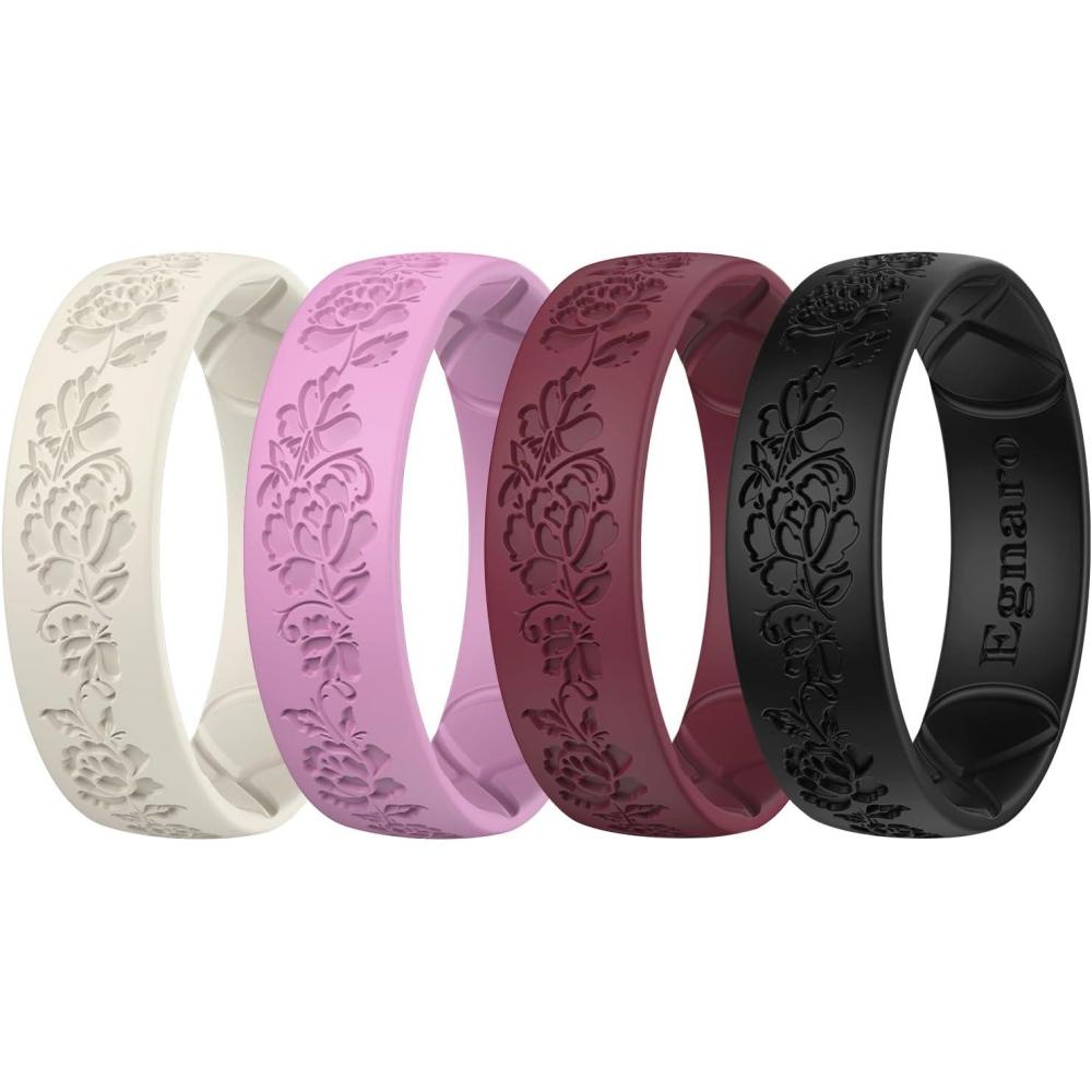 imageEgnaro Silicone Rings for Her Etched Classic Rubber Wedding Bands Women Breathable and Flexible Design 6mm Wide 2mm ThickPack A2FloraVineNude Pinkpurple Maroon Black