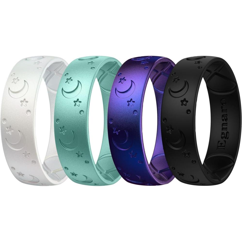 imageEgnaro Silicone Rings for Her Etched Classic Rubber Wedding Bands Women Breathable and Flexible Design 6mm Wide 2mm ThickPack B1LunarStellMetallic Pearl White Metallic Green Galaxy Black