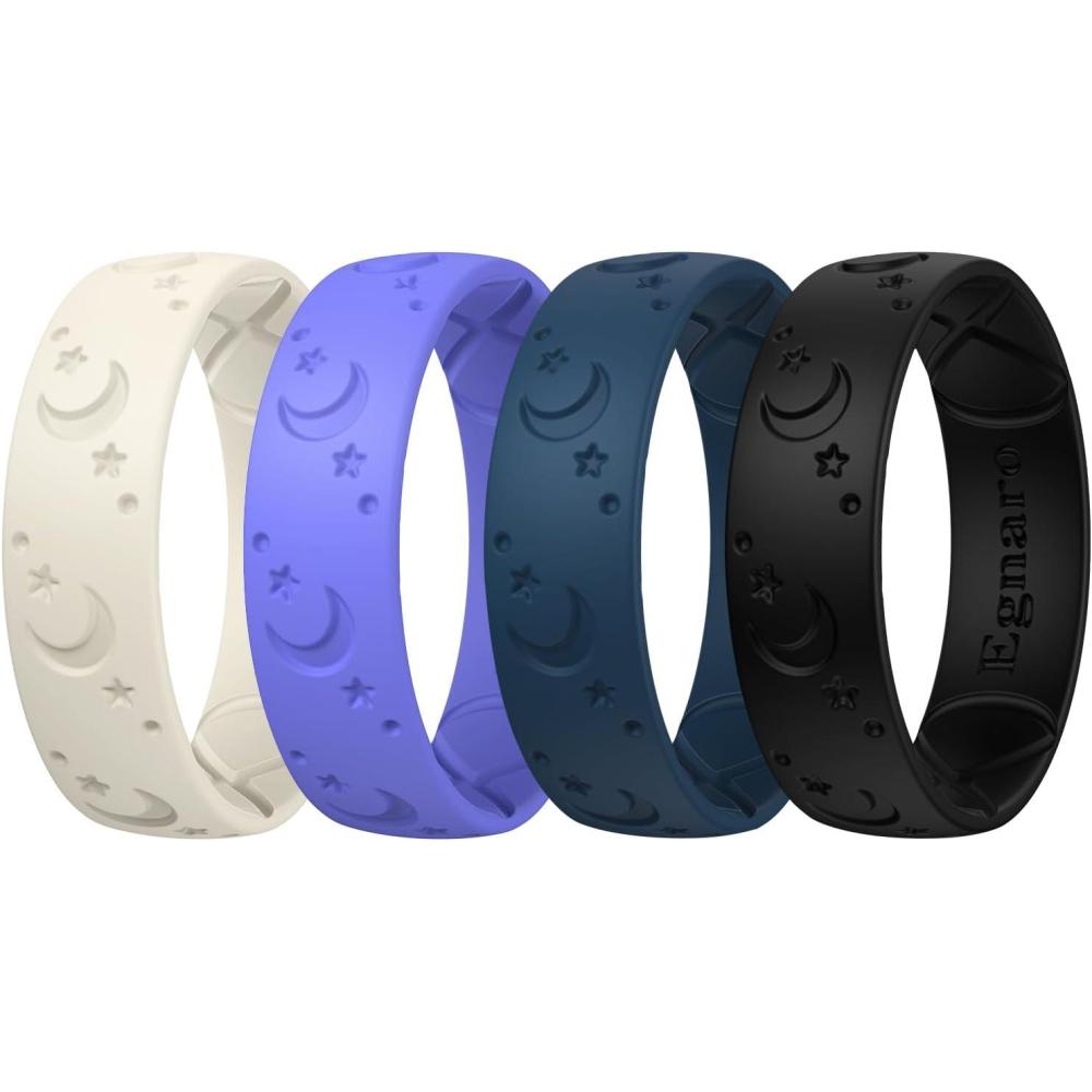 imageEgnaro Silicone Rings for Her Etched Classic Rubber Wedding Bands Women Breathable and Flexible Design 6mm Wide 2mm ThickPack B2LunarStellNude Dream Purple Dark Blue Black