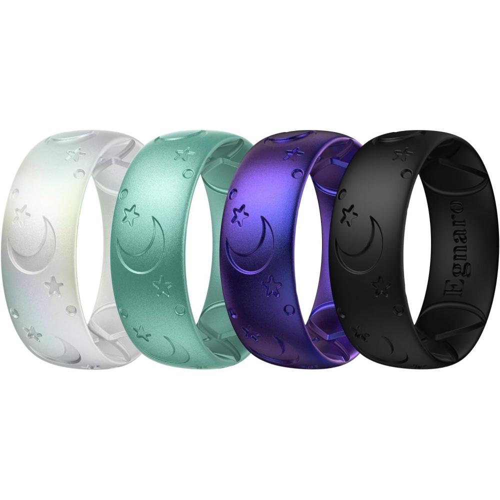 imageEgnaro Silicone Rings for Her Etched Classic Rubber Wedding Bands Women Breathable and Flexible Design 6mm Wide  2mm ThickPack C1LunarStellMetallic Pearl White  Metallic Green  Galaxy  Black