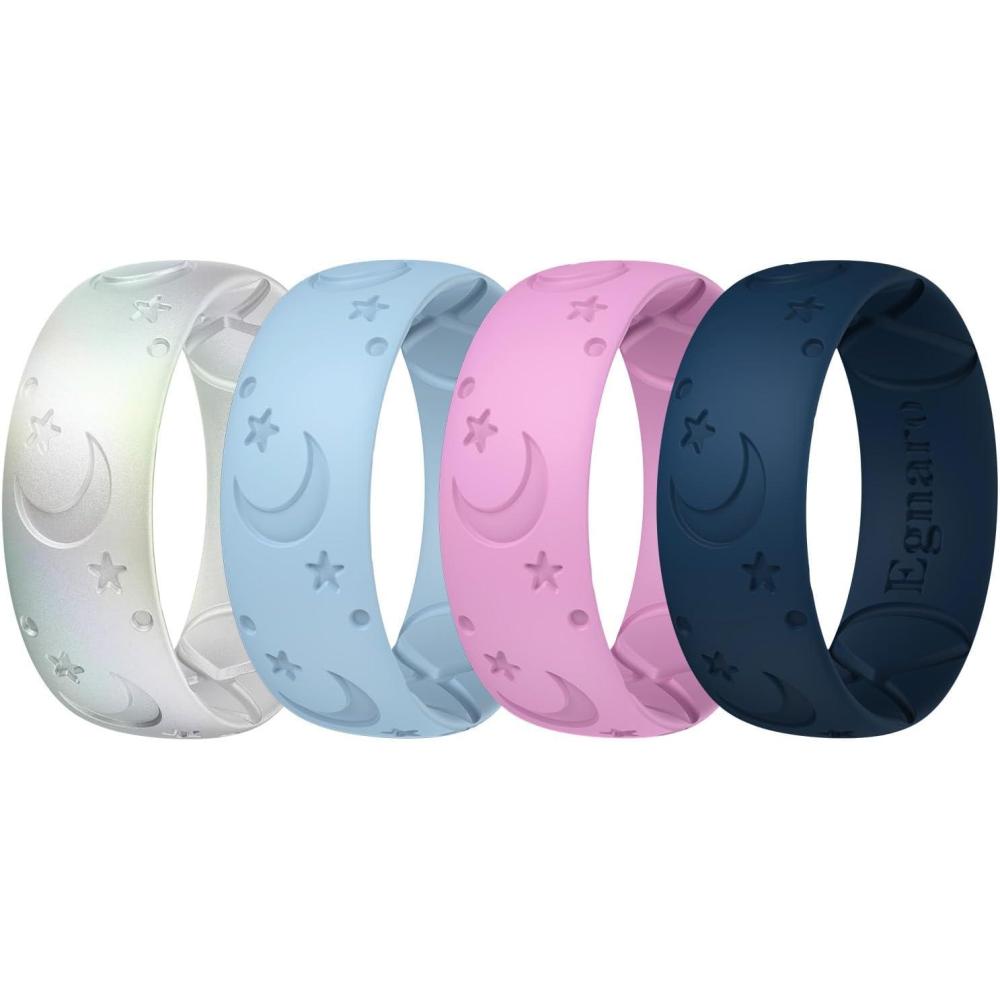 imageEgnaro Silicone Rings for Her Etched Classic Rubber Wedding Bands Women Breathable and Flexible Design 6mm Wide  2mm ThickPack C2LunarStellMetallic Pearl White  Pinkpurple  Sky Blue  Dark Blue