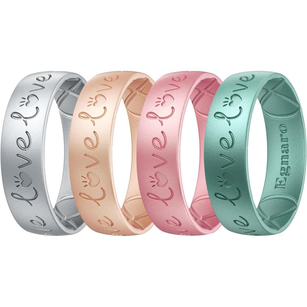 imageEgnaro Silicone Rings for Her Etched Classic Rubber Wedding Bands Women Breathable and Flexible Design 6mm Wide 2mm ThickPack D1LovePeach Pink Rose Gold Metallic Green Silver