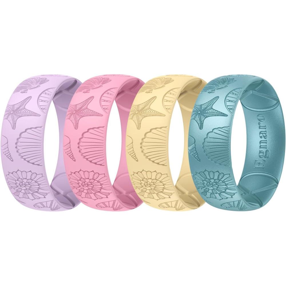 imageEgnaro Silicone Rings for Her Etched Classic Rubber Wedding Bands Women Breathable and Flexible Design 6mm Wide  2mm ThickPack E1SeaCharmPeach pink  Sunlight Yellow  Lilac Purple  Metal Cyan