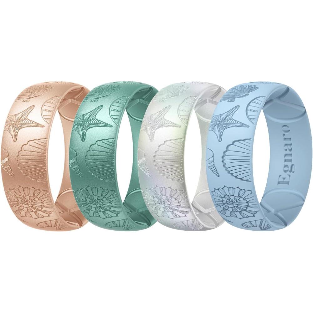 imageEgnaro Silicone Rings for Her Etched Classic Rubber Wedding Bands Women Breathable and Flexible Design 6mm Wide 2mm ThickPack E2SeaCharmPeach Metallic Green Metallic Pearl White Sky Blue