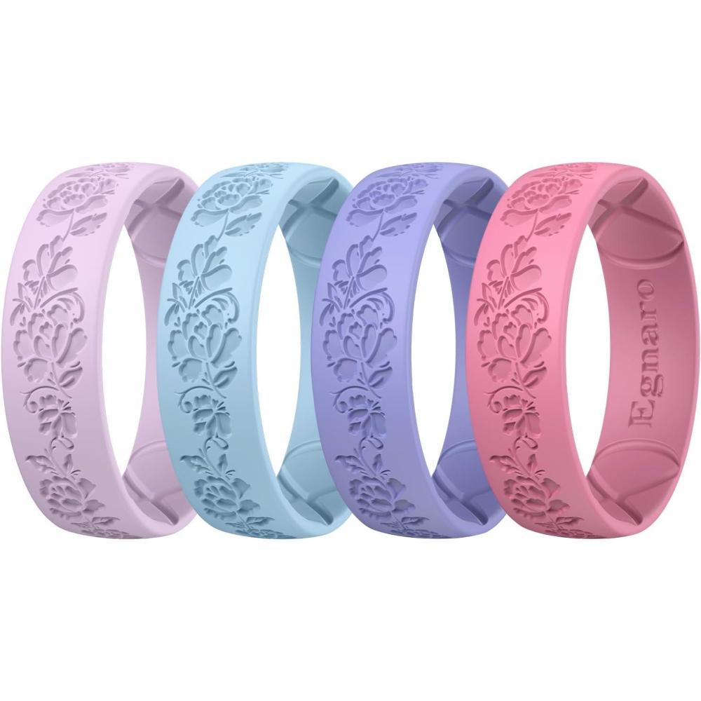 imageEgnaro Silicone Rings for Her Etched Classic Rubber Wedding Bands Women Breathable and Flexible Design 6mm Wide  2mm ThickPackA1FloraVineFaint Red  Lilac Purple  Sky Blue  Light purpleblue