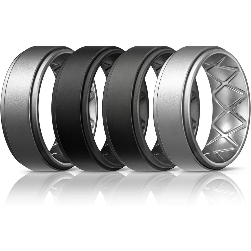 imageEgnaro Silicone Rings for Men 14567 Multipack of Breathable Mens Silicone Rubber Wedding Rings Bands  Step EdgeSETBBlack Black Gray Gray Dark Silver Dark Silver Silver Silver