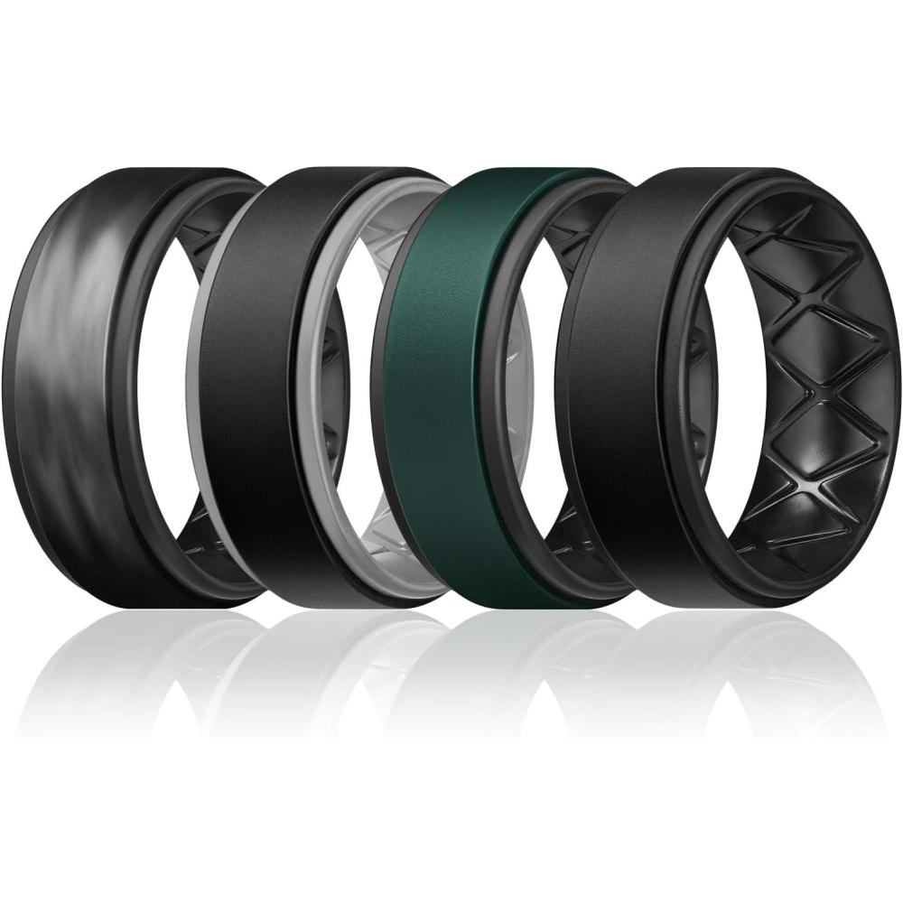 imageEgnaro Silicone Rings for Men 14567 Multipack of Breathable Mens Silicone Rubber Wedding Rings Bands Step EdgeSETE1Gray Camo Black Black Light Gray Pine Green Black Black