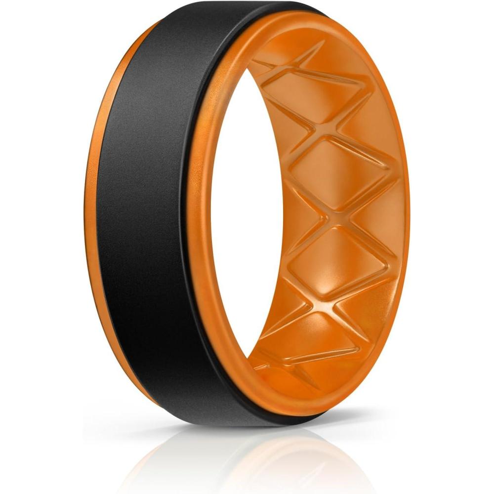 imageEgnaro Silicone Rings for Men 14567 Multipack of Breathable Mens Silicone Rubber Wedding Rings Bands  Step EdgeSETEBlack Orange