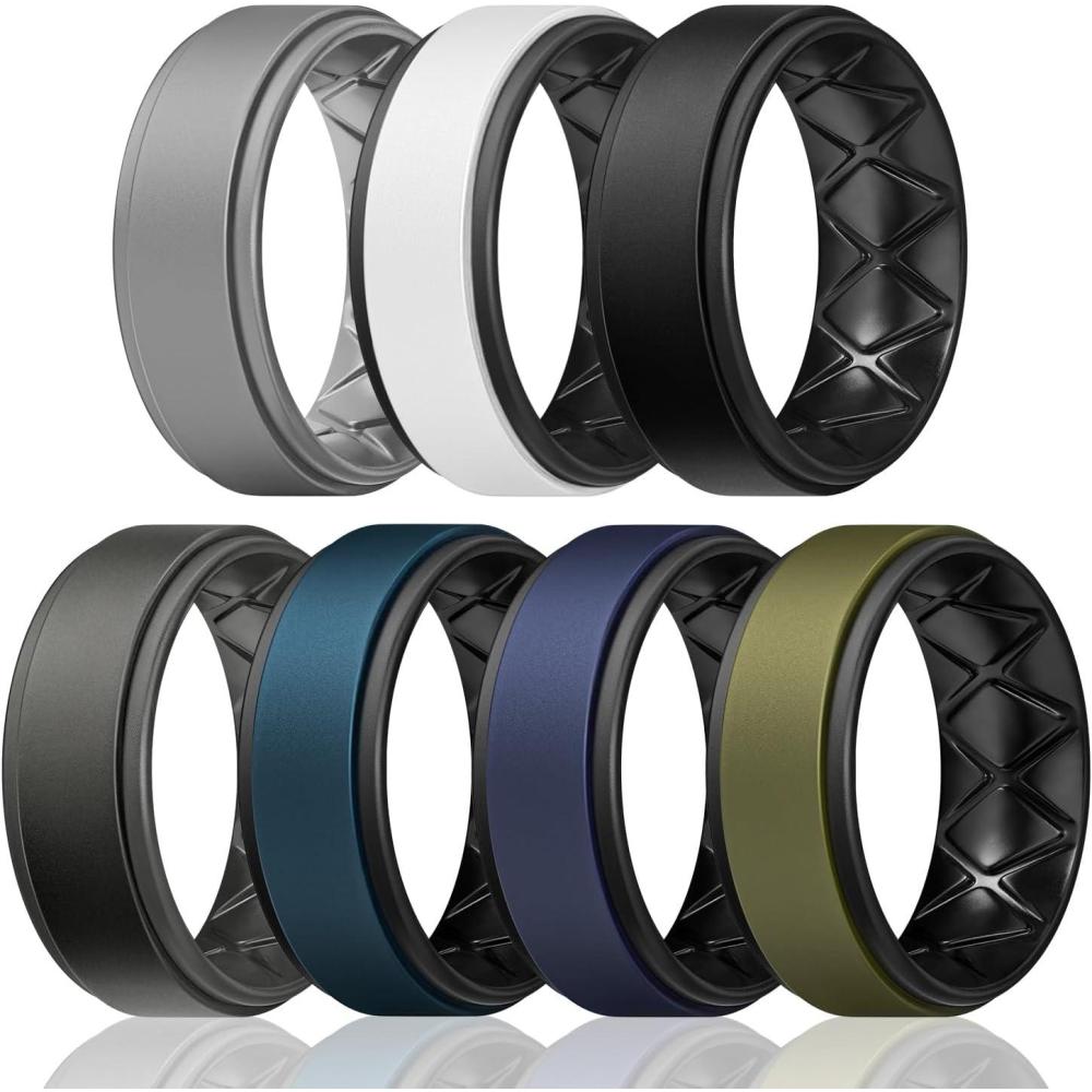 imageEgnaro Silicone Rings for Men 14567 Multipack of Breathable Mens Silicone Rubber Wedding Rings Bands Step EdgeSETF11Light Gray White Black Black Black Gray Twilight Blue Black Dark Blue Black Dark Blue Black