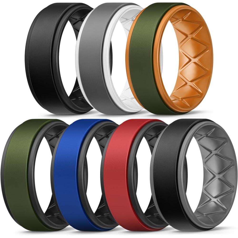 imageEgnaro Silicone Rings for Men 14567 Multipack of Breathable Mens Silicone Rubber Wedding Rings Bands  Step EdgeSETF12Black  Dark GrayWhite  Dark Foliage GreenCoral Orange  Dark Foliage GreenBlack  Klein BlueBlack  RedBlack  BlackDark Gray