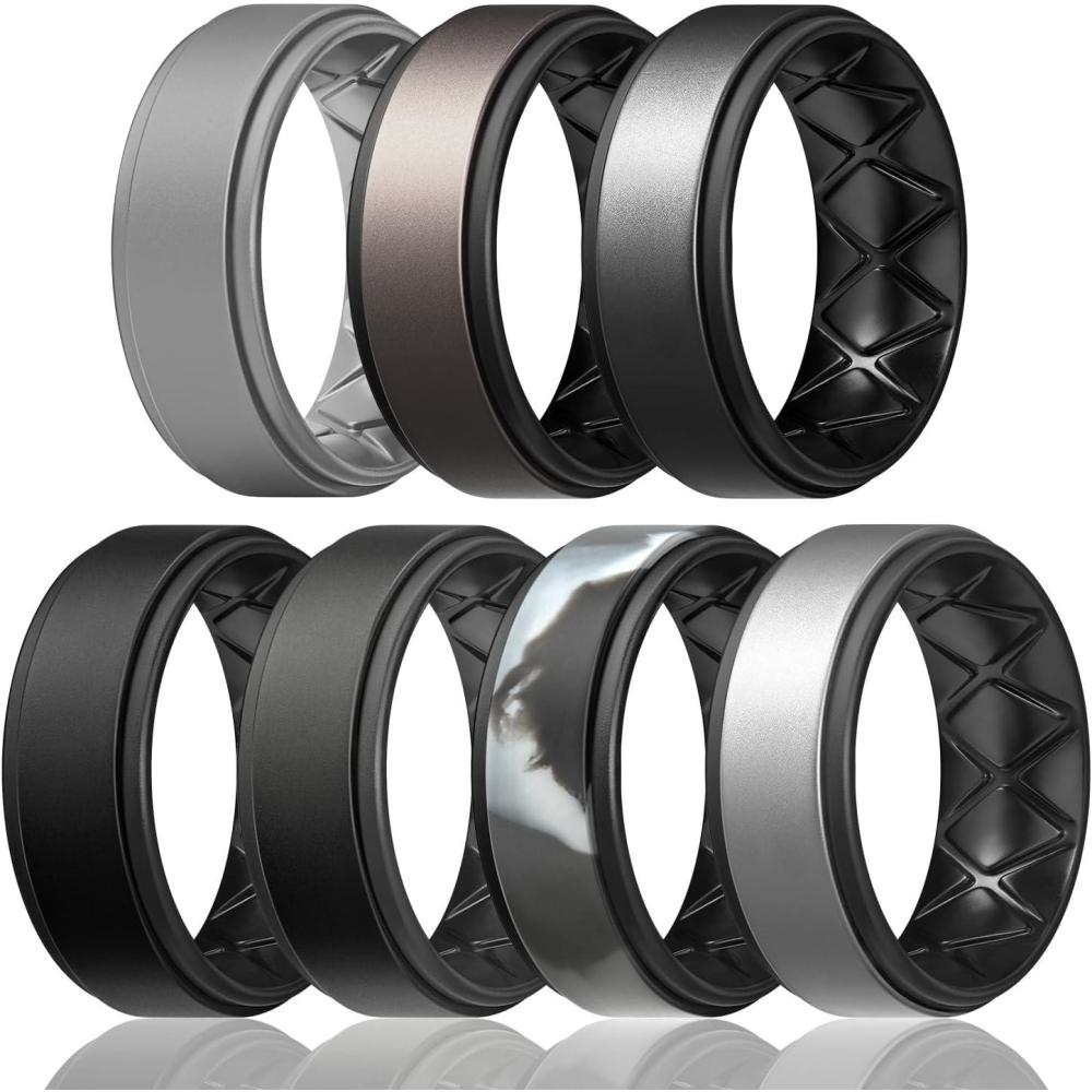 imageEgnaro Silicone Rings for Men 14567 Multipack of Breathable Mens Silicone Rubber Wedding Rings Bands Step EdgeSETF1Light Gray Metallic Platinum Black Metal Black Gray Black Black Black Gray Black Gray Camo Black Metallic Silver Black