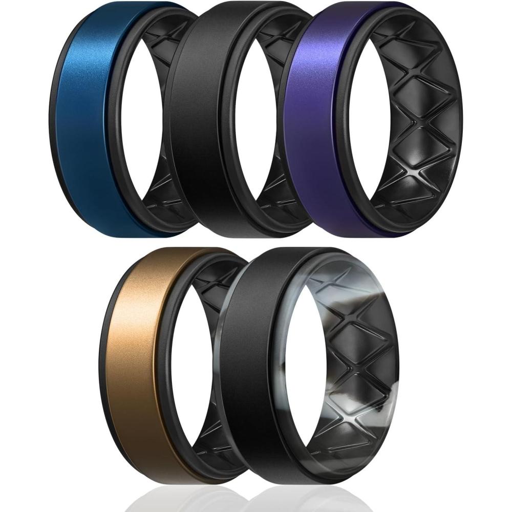 imageEgnaro Silicone Rings for Men 14567 Multipack of Breathable Mens Silicone Rubber Wedding Rings Bands Step EdgeSETF22Metallic Royal Blue Black Black Metallic Purple Black Metallic Bronze Black Black Gray Camo
