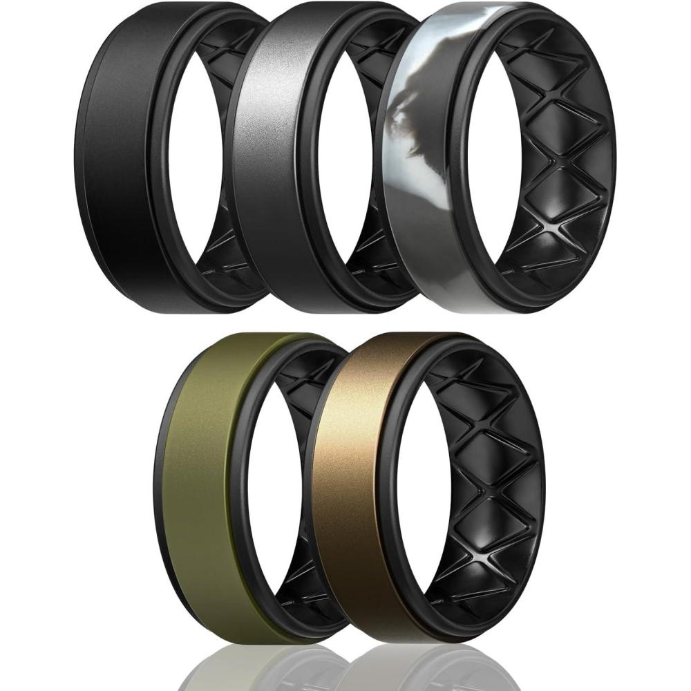 imageEgnaro Silicone Rings for Men 14567 Multipack of Breathable Mens Silicone Rubber Wedding Rings Bands  Step EdgeSETF2Black  Metal Black Gray Black  Black Gray Camo Black  Olive Green Black  Bronze Black