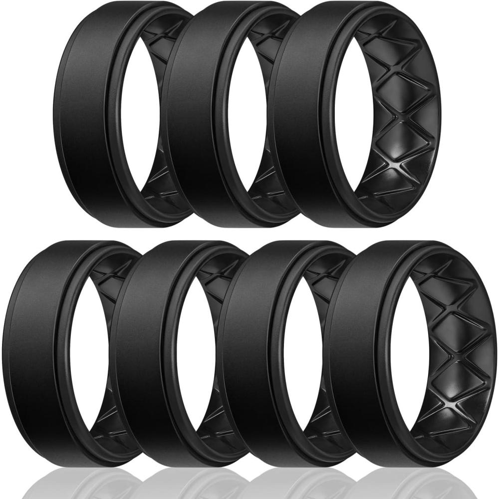 imageEgnaro Silicone Rings for Men 14567 Multipack of Breathable Mens Silicone Rubber Wedding Rings Bands Step EdgeSETF3All Black