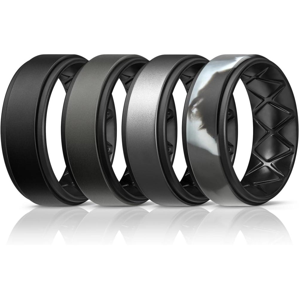 imageEgnaro Silicone Rings for Men 14567 Multipack of Breathable Mens Silicone Rubber Wedding Rings Bands Step EdgeSETF6Black Black Gray Black Metallic Silver Black Black Gray Camo Black