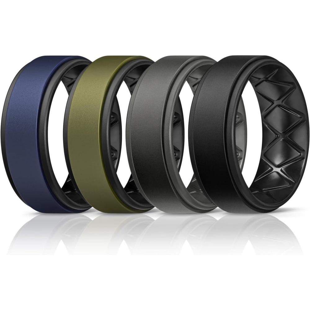 imageEgnaro Silicone Rings for Men 14567 Multipack of Breathable Mens Silicone Rubber Wedding Rings Bands Step EdgeSETF7Dark Blue Black Olive Green Black Black Gray Black