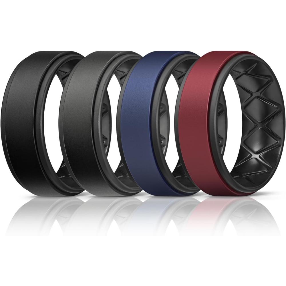 imageEgnaro Silicone Rings for Men 14567 Multipack of Breathable Mens Silicone Rubber Wedding Rings Bands Step EdgeSETFBlack Black Gray Gray Dark Blue Black Night Brown Black