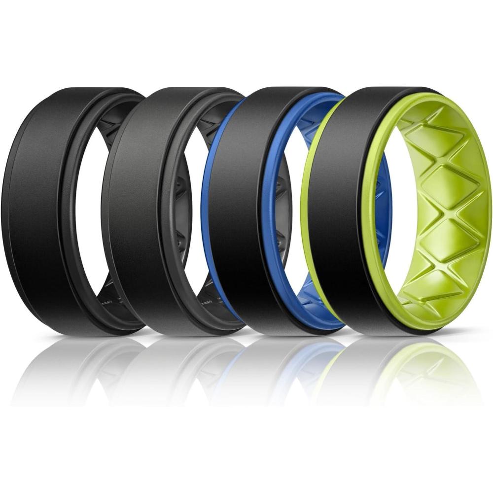 imageEgnaro Silicone Rings for Men 14567 Multipack of Breathable Mens Silicone Rubber Wedding Rings Bands Step EdgeSETGBlack Black Gray Gray Black Light Blue Black Yellow Green