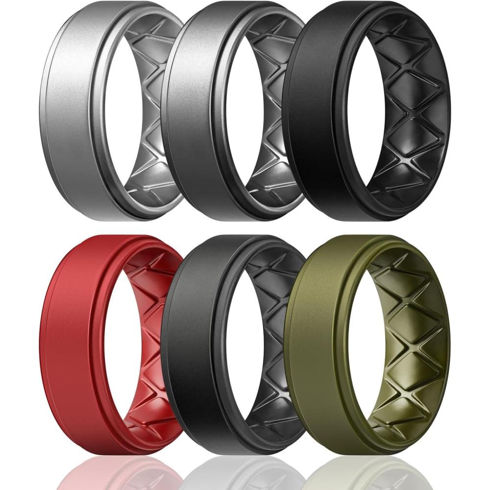 imageEgnaro Silicone Rings for Men 14567 Multipack of Breathable Mens Silicone Rubber Wedding Rings Bands  Step EdgeSETHBlack Grey Dark Silver Silver Red Olive Green