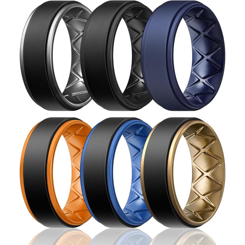 imageEgnaro Silicone Rings for Men 14567 Multipack of Breathable Mens Silicone Rubber Wedding Rings Bands Step EdgeSETIBlack Black Dark Blue Dark Blue Black Deep Silver Black Orange Black Light Blue Black Bronze