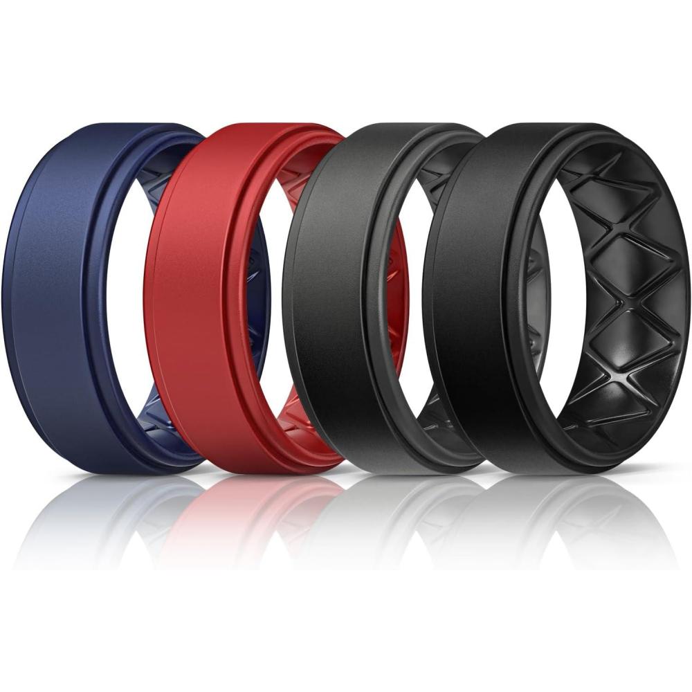 imageEgnaro Silicone Rings for Men 14567 Multipack of Breathable Mens Silicone Rubber Wedding Rings Bands Step EdgeSETKBlack Dark Blue Red Black Gray