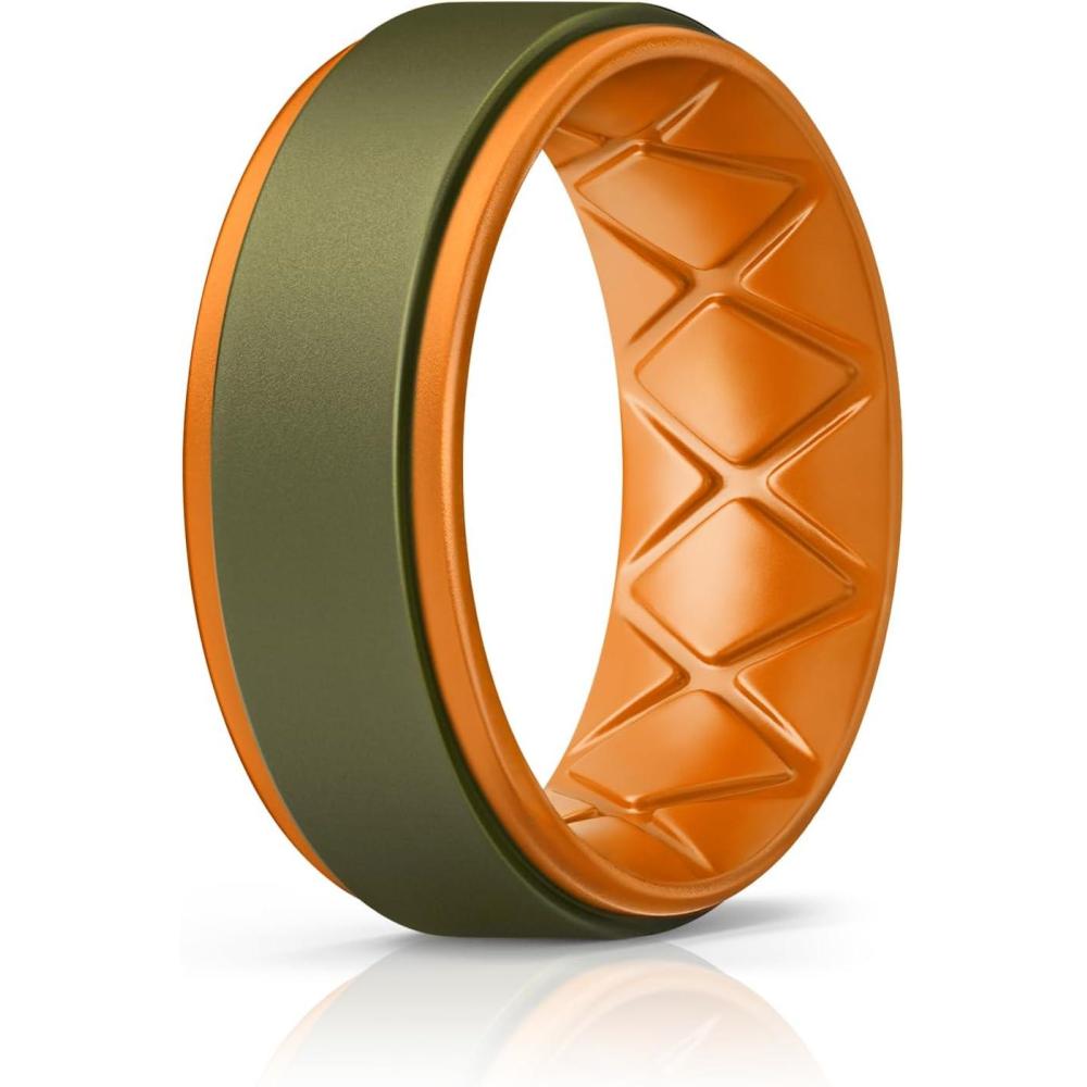 imageEgnaro Silicone Rings for Men 14567 Multipack of Breathable Mens Silicone Rubber Wedding Rings Bands  Step EdgeSETNOlive Green Orange