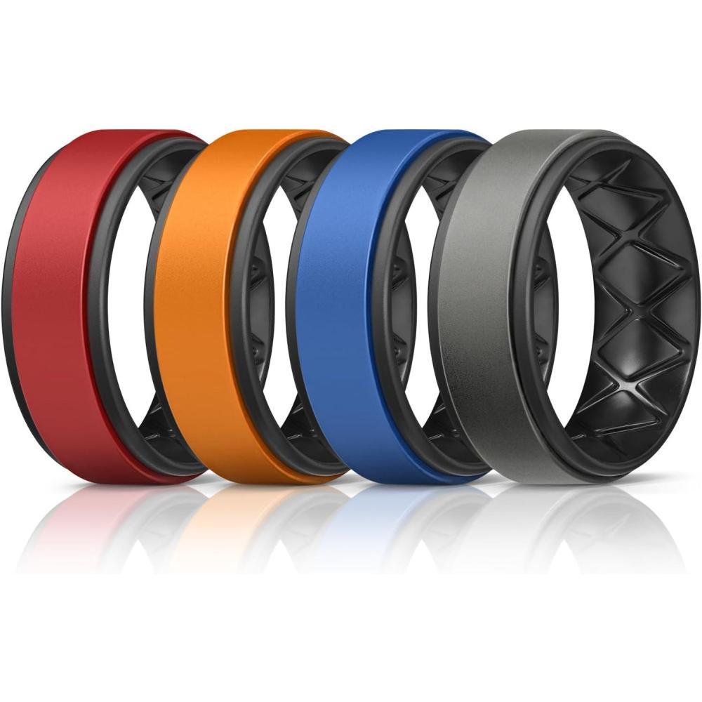 imageEgnaro Silicone Rings for Men 14567 Multipack of Breathable Mens Silicone Rubber Wedding Rings Bands  Step EdgeSETPRed Black Orange Black Light Blue Black Black Gray Black