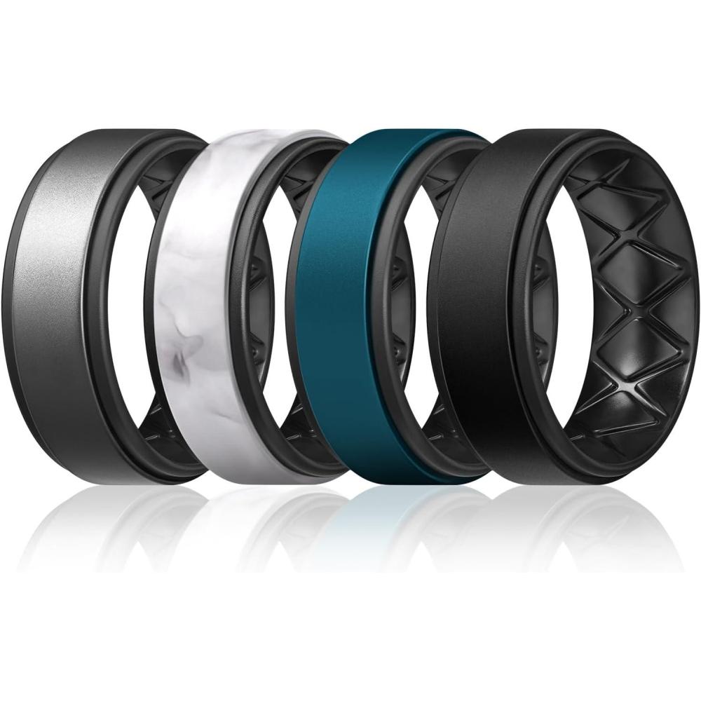 imageEgnaro Silicone Rings for Men 14567 Multipack of Breathable Mens Silicone Rubber Wedding Rings Bands Step EdgeSETTDark Silver Black Marble Black Dark Blue Black Black Black