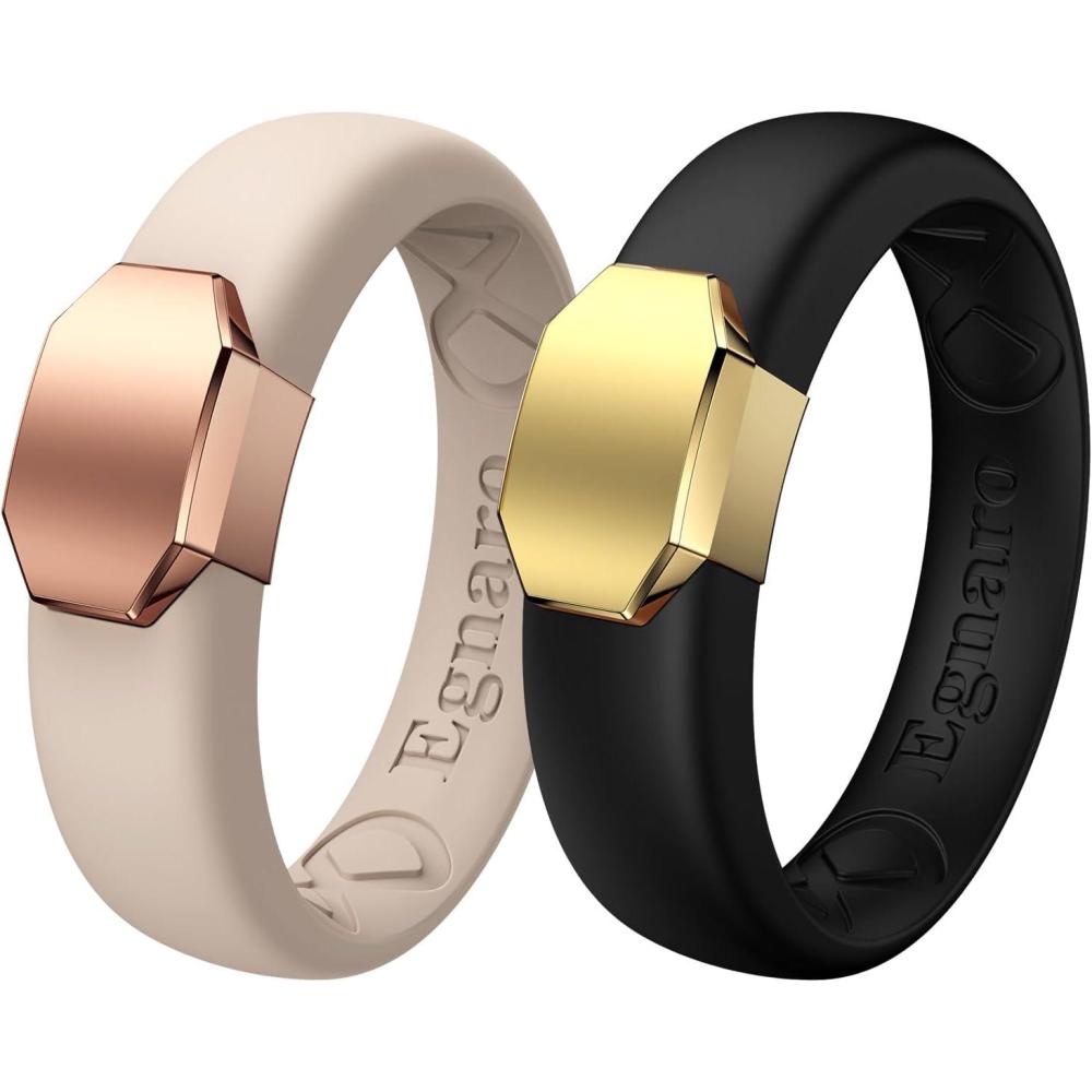 imageEgnaro Silicone Wedding Bands for Women Inner Arc Ergonomic Breathable Design Womens Silicone Wedding Ring with Metal Plate 4mm Width Rubber Wedding Bands Women with Metal Plate NoToxicSkin SafeSETGLight NudeMetal Light Rose Gold BlackMetal Gold