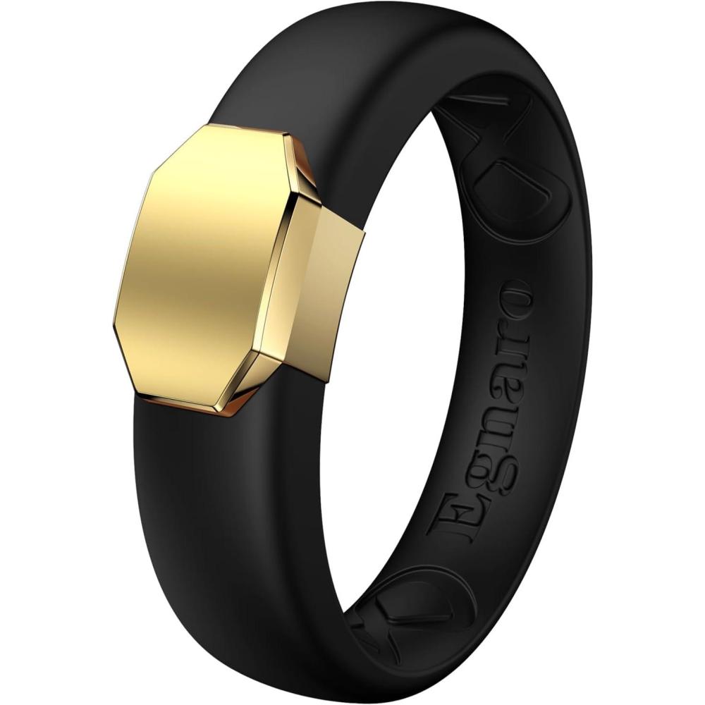 imageEgnaro Silicone Wedding Bands for Women Inner Arc Ergonomic Breathable Design Womens Silicone Wedding Ring with Metal Plate 4mm Width Rubber Wedding Bands Women with Metal Plate NoToxicSkin SafeSETBBlackMetal Gold