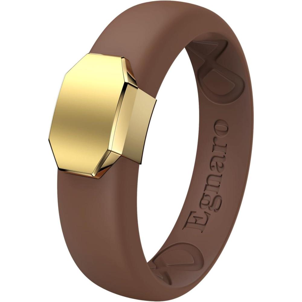 imageEgnaro Silicone Wedding Bands for Women Inner Arc Ergonomic Breathable Design Womens Silicone Wedding Ring with Metal Plate 4mm Width Rubber Wedding Bands Women with Metal Plate NoToxicSkin SafeSETUWarm BrownMetal Gold