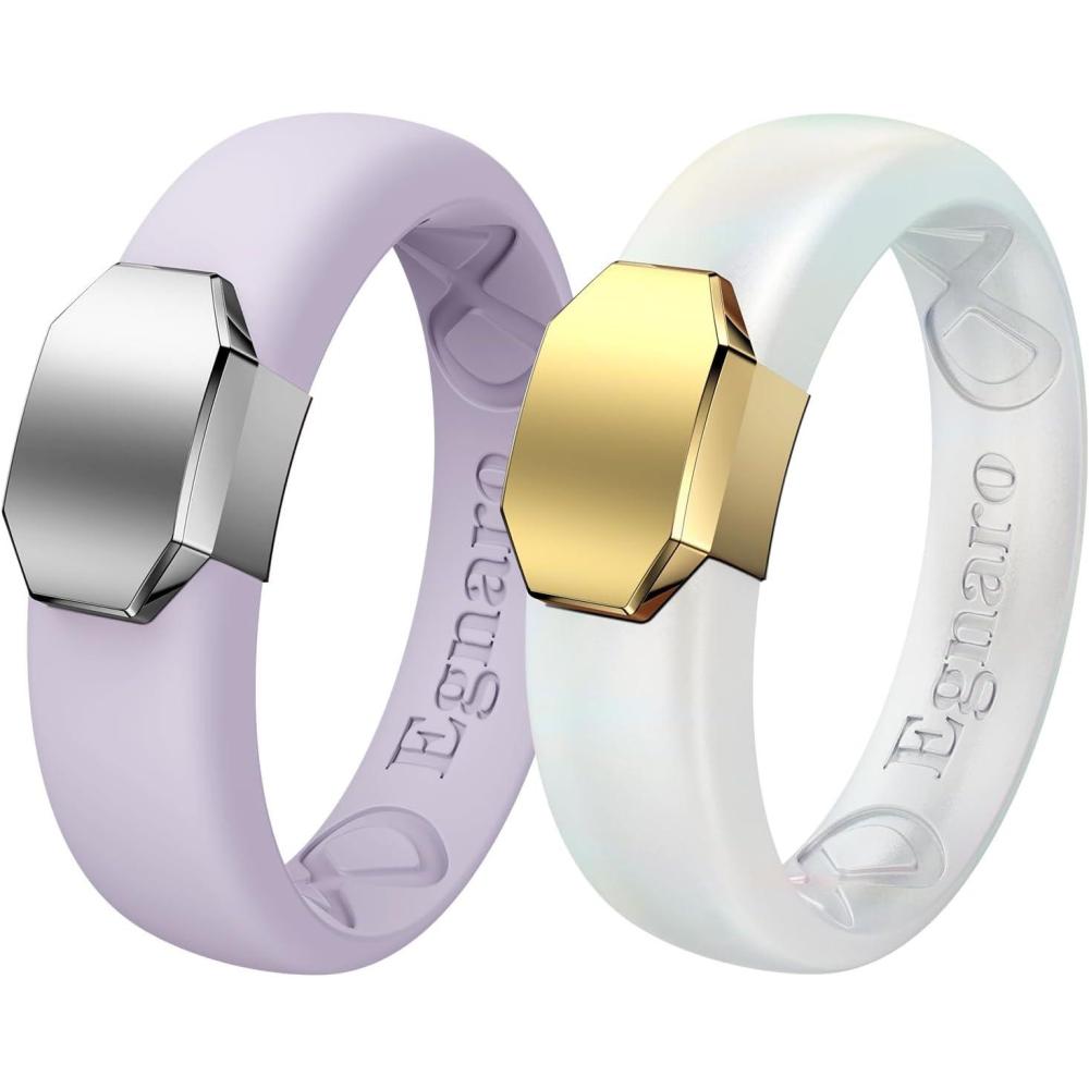 imageEgnaro Silicone Wedding Bands for Women Inner Arc Ergonomic Breathable Design Womens Silicone Wedding Ring with Metal Plate 4mm Width Rubber Wedding Bands Women with Metal Plate NoToxicSkin SafeSETILight PurpleMetal Silver Metallic Pearl WhiteMetal Gold