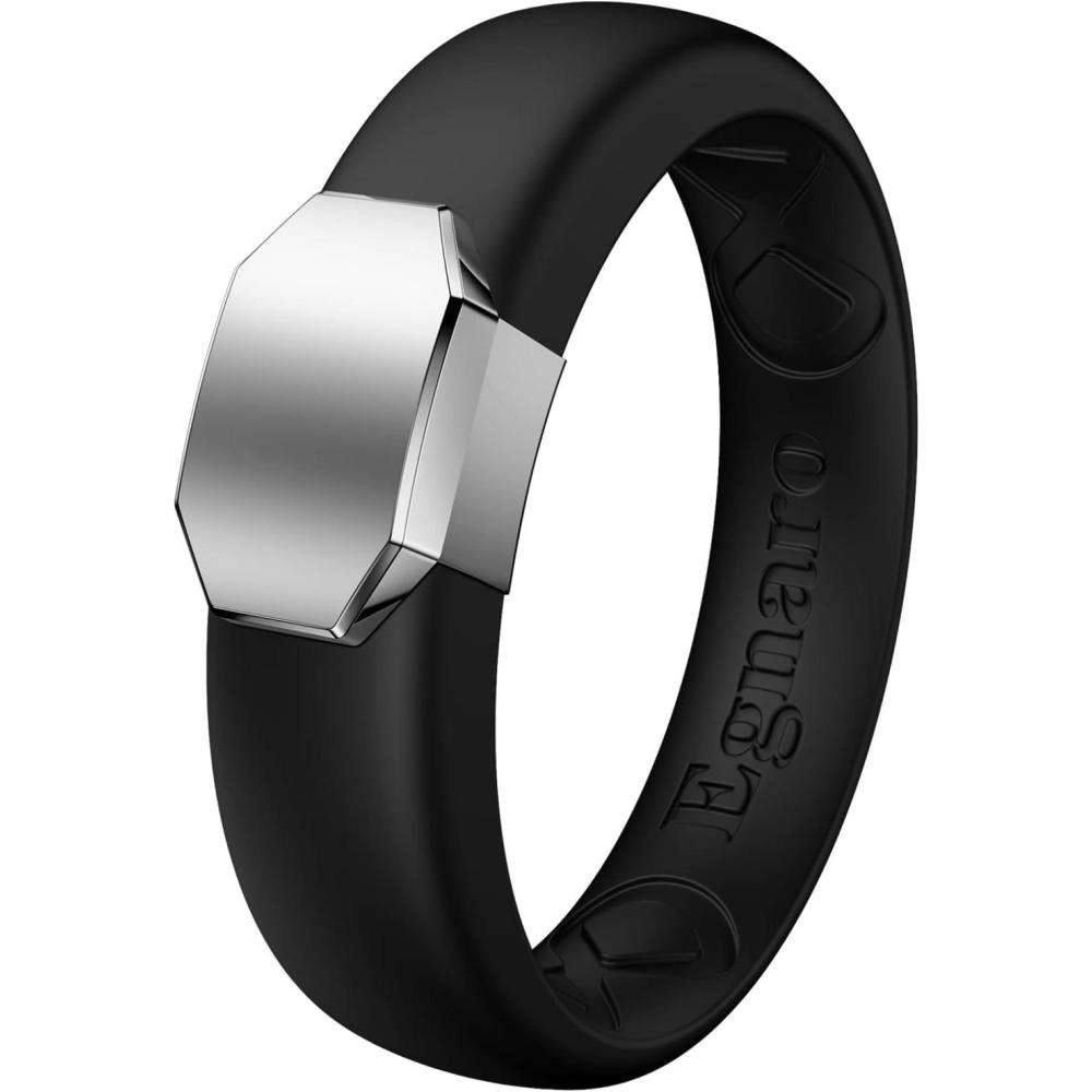 imageEgnaro Silicone Wedding Bands for Women Inner Arc Ergonomic Breathable Design Womens Silicone Wedding Ring with Metal Plate 4mm Width Rubber Wedding Bands Women with Metal Plate NoToxicSkin SafeSETFBlackMetal Silver