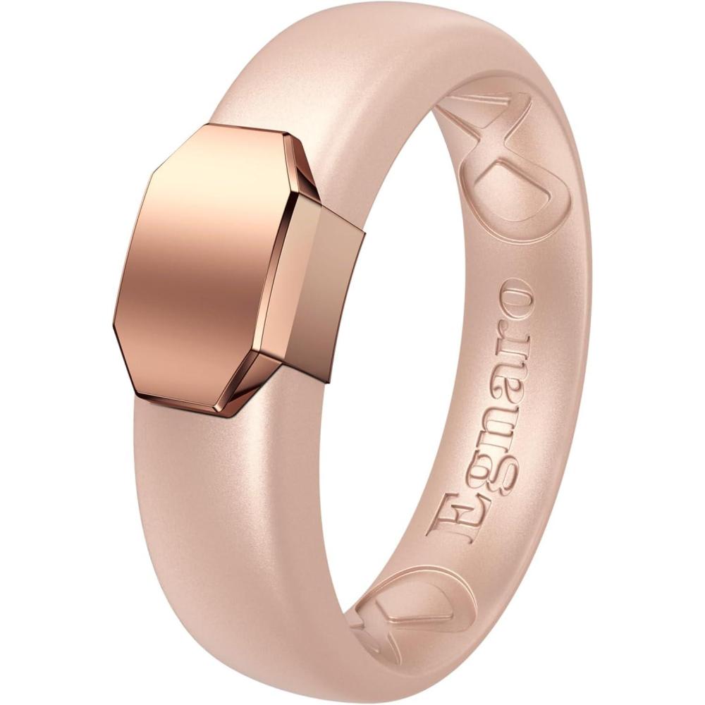 imageEgnaro Silicone Wedding Bands for Women Inner Arc Ergonomic Breathable Design Womens Silicone Wedding Ring with Metal Plate 4mm Width Rubber Wedding Bands Women with Metal Plate NoToxicSkin SafeSETDRose GoldMetal Light Rose Gold