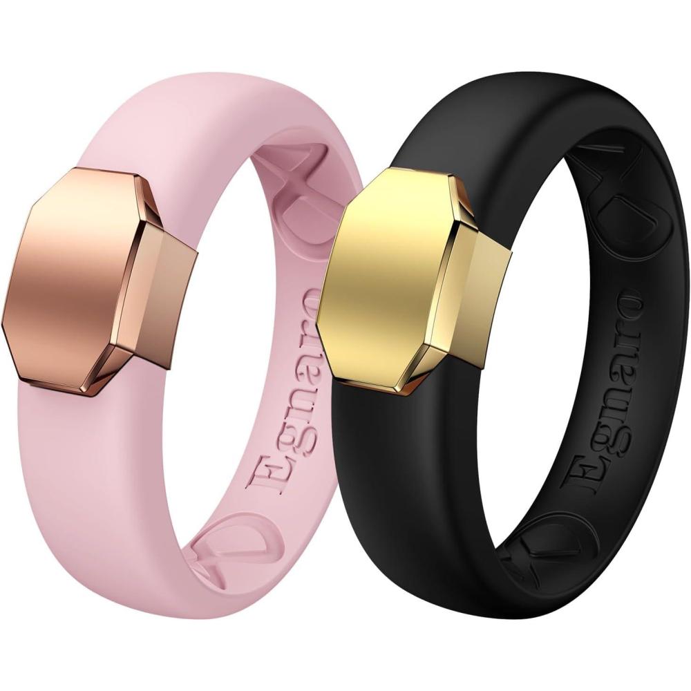imageEgnaro Silicone Wedding Bands for Women Inner Arc Ergonomic Breathable Design Womens Silicone Wedding Ring with Metal Plate 4mm Width Rubber Wedding Bands Women with Metal Plate NoToxicSkin SafeSETHPink SandMetal Light Rose Gold BlackMetal Gold