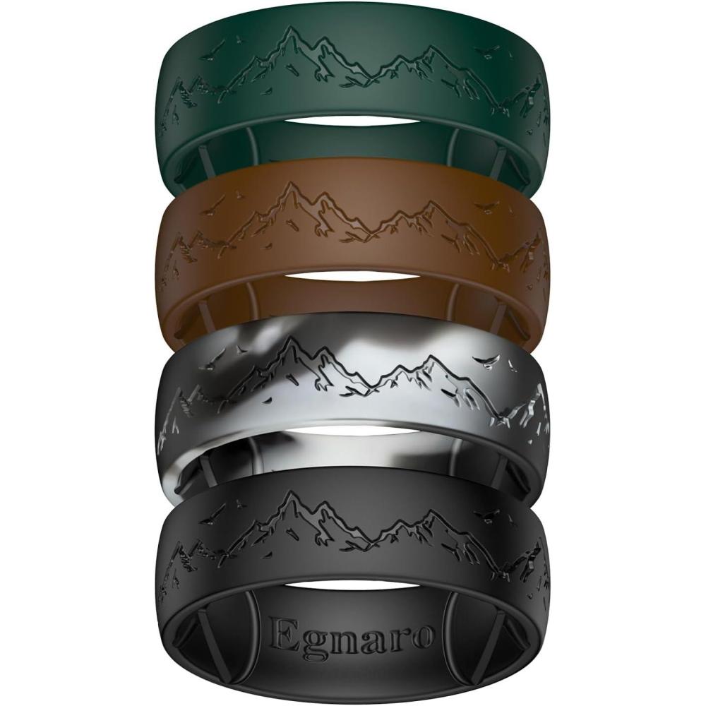 imageEgnaro Silicone Wedding Rings For Him Mens Engraving Rubber Engagement Bands 85mm Wide 25mm Thick Multipack For Workout Travel GymSETAMistwing SummitWarm Brown  Pine Green  Black Gray Camo  Black