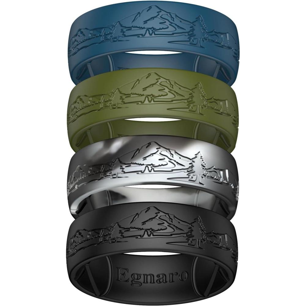 imageEgnaro Silicone Wedding Rings For Him Mens Engraving Rubber Engagement Bands 85mm Wide 25mm Thick Multipack For Workout Travel GymSETBHushed PeaksOlive Green Twilight Blue Black Gray Camo Black