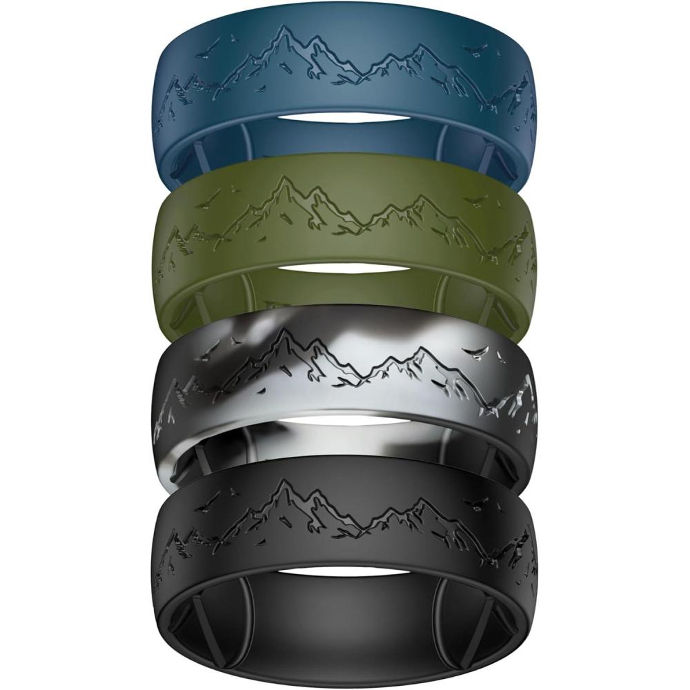 imageEgnaro Silicone Wedding Rings For Him Mens Engraving Rubber Engagement Bands 85mm Wide 25mm Thick Multipack For Workout Travel GymSETCMistwing SummitOlive Green  Twilight Blue  Black Gray Camo  Black
