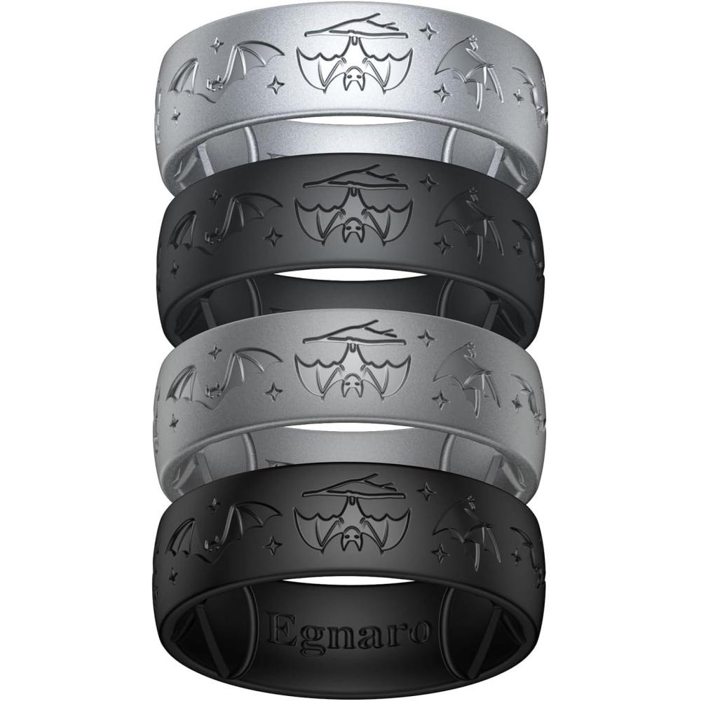 imageEgnaro Silicone Wedding Rings For Him Mens Engraving Rubber Engagement Bands 85mm Wide 25mm Thick Multipack For Workout Travel GymSETDNightBatsSilver  Black Gray  Dark Silver  Black