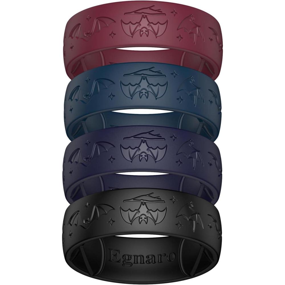 imageEgnaro Silicone Wedding Rings For Him Mens Engraving Rubber Engagement Bands 85mm Wide 25mm Thick Multipack For Workout Travel GymSETENightBatsMaroon  Dark Blue  Black Purple  Black