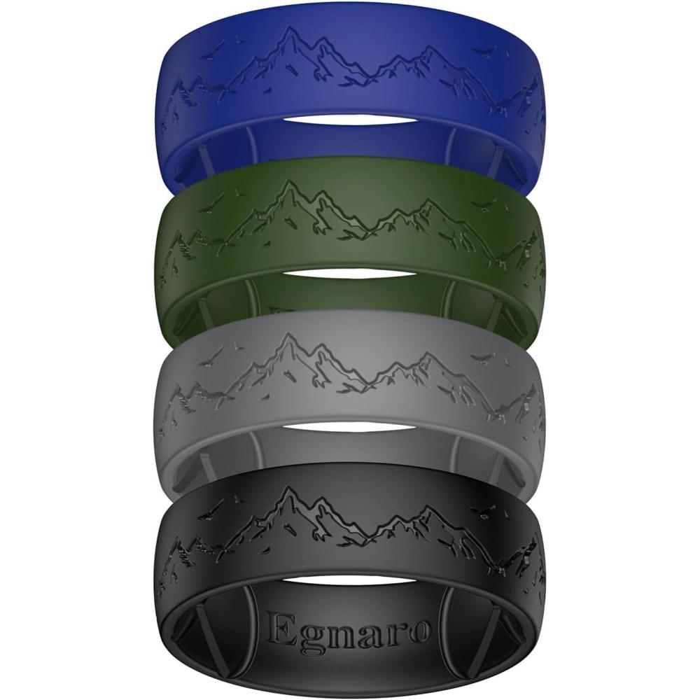 imageEgnaro Silicone Wedding Rings For Him Mens Engraving Rubber Engagement Bands 85mm Wide 25mm Thick Multipack For Workout Travel GymSETFMistwing SummitDark Foliage Green Blue Purple Dark Gray Black