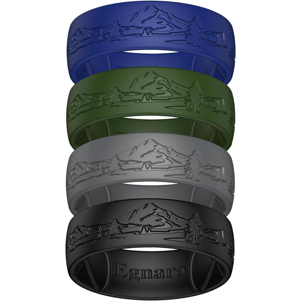 imageEgnaro Silicone Wedding Rings For Him Mens Engraving Rubber Engagement Bands 85mm Wide 25mm Thick Multipack For Workout Travel GymSETGHushed PeaksDark Foliage Green  Blue Purple  Dark Gray  Black