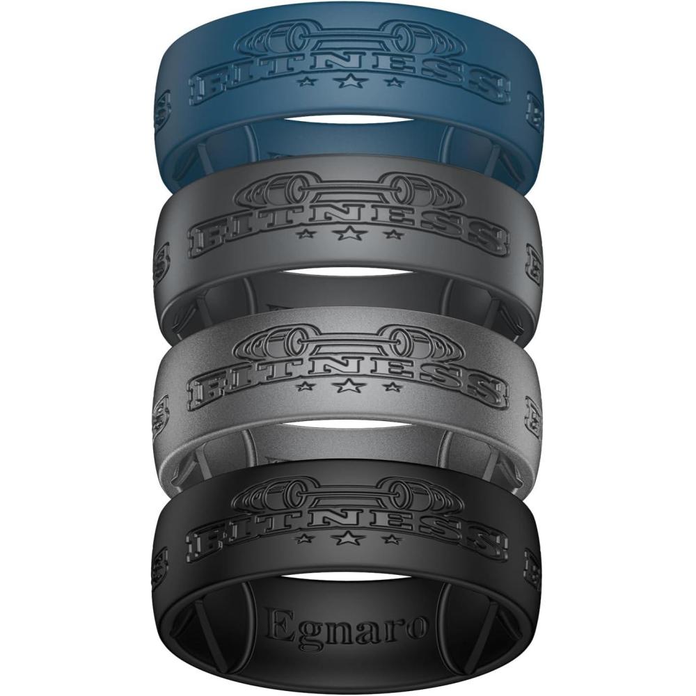 imageEgnaro Silicone Wedding Rings For Him Mens Engraving Rubber Engagement Bands 85mm Wide 25mm Thick Multipack For Workout Travel GymSETHFitnessBlack Gray Twilight Blue Dark Silver Black