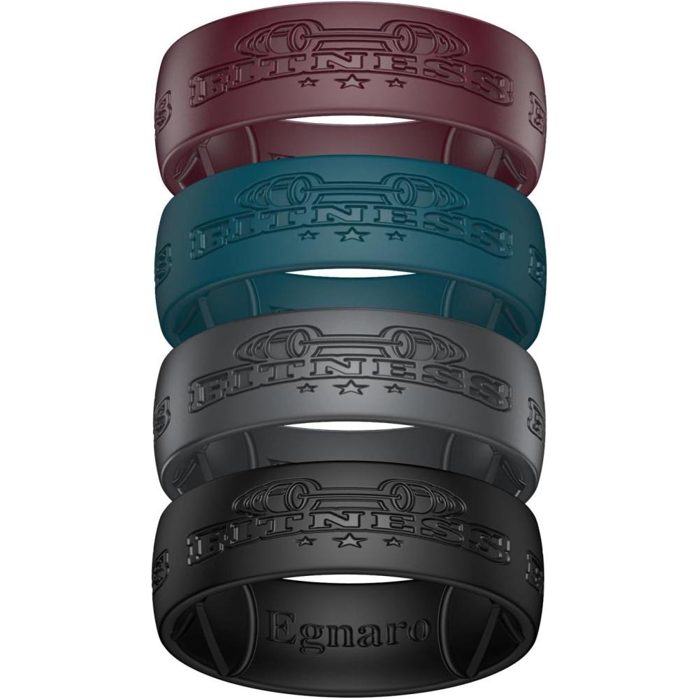 imageEgnaro Silicone Wedding Rings For Him Mens Engraving Rubber Engagement Bands 85mm Wide 25mm Thick Multipack For Workout Travel GymSETIFitnessBurgundy  Deep Blue  Black Gray  Black